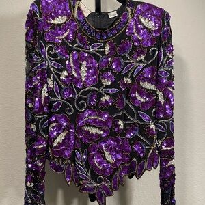Laurence Kazar Black and Purple Sequin Embellished Blouse